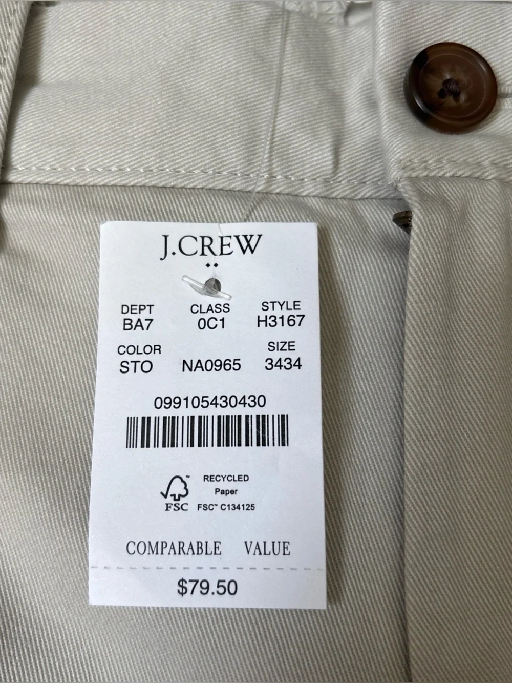 J. Crew Flex Men's Slim Fit Light Gray Chino Pants, 34x34, NWT